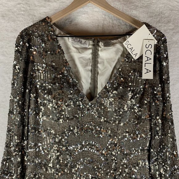 Vtg Scala Sequin Dress Womens 12 Metallic 100% Silk V-Neck Long‎ Sleeve Back Zip - Picture 2 of 11